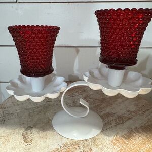 Vintage White Metal Floral Votive Holder Ruby Red Hobnail Votive Cups